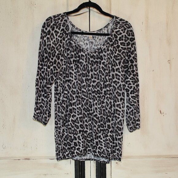 Michael Kors black/gray cheetah print scoop neck gathered hem 3/4 sleeves L - Picture 1 of 5